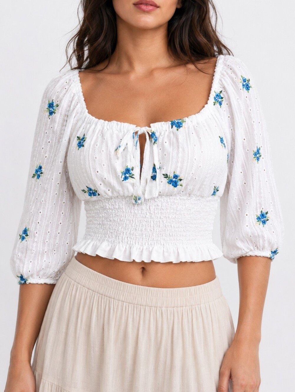 Floral Eyelet Smocked Peasant Crop Top Milkmaid Cottagecore M Kirious Los Angele